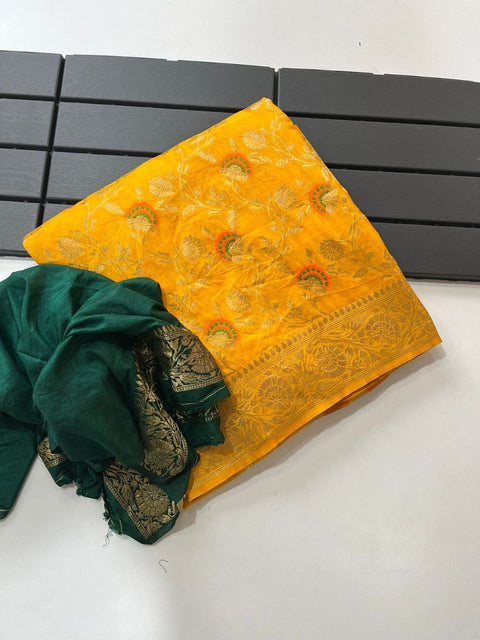 VastraLakshmi Beleaguer Yellow Soft Banarasi Silk Saree With Exquisite Blouse Piece