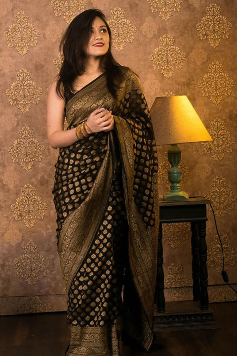 VastraLakshmi Dazzling Black Soft Banarasi Silk Saree With Gleaming Blouse Piece