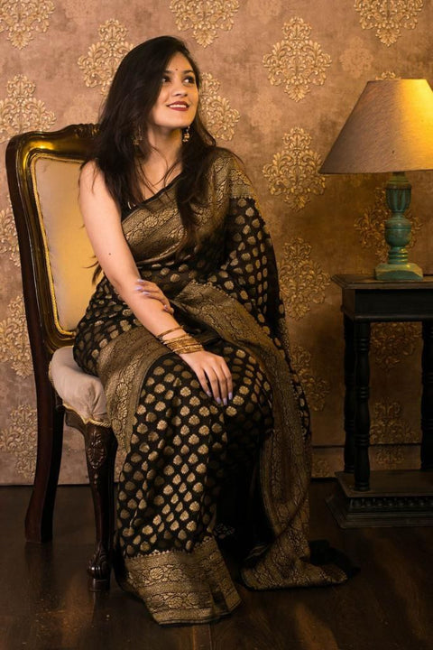 VastraLakshmi Dazzling Black Soft Banarasi Silk Saree With Gleaming Blouse Piece