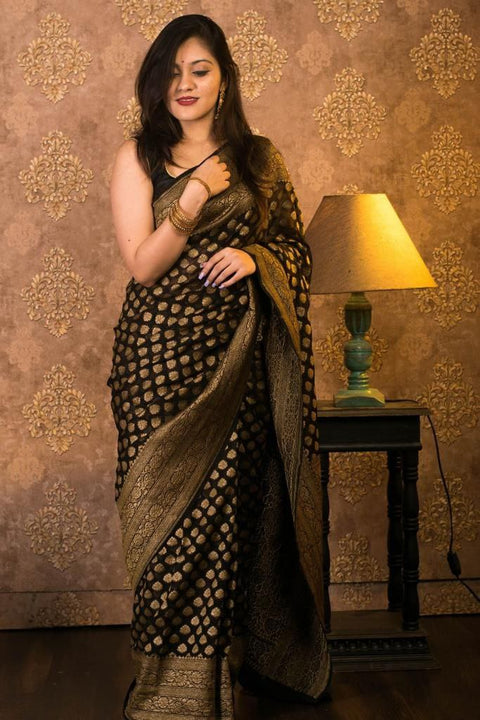 VastraLakshmi Dazzling Black Soft Banarasi Silk Saree With Gleaming Blouse Piece