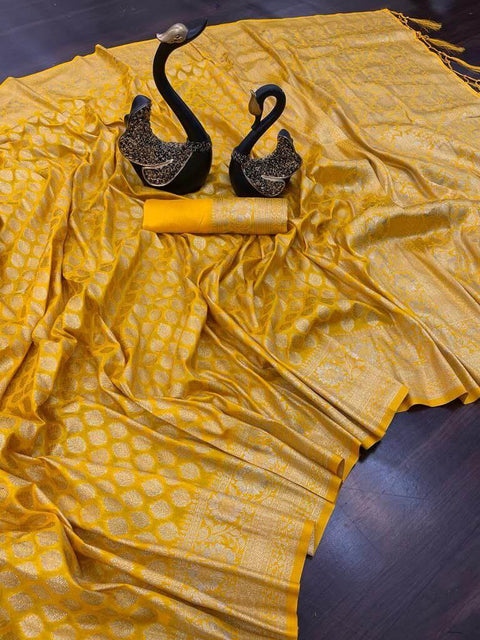 VastraLakshmi Blissful Yellow Soft Banarasi Silk Saree With Engrossing Blouse Piece