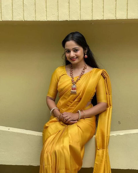 VastraLakshmi Exceptional Yellow Kanjivaram Silk Saree With Smart Blouse Piece