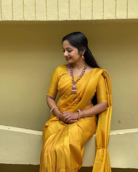 VastraLakshmi Exceptional Yellow Kanjivaram Silk Saree With Smart Blouse Piece