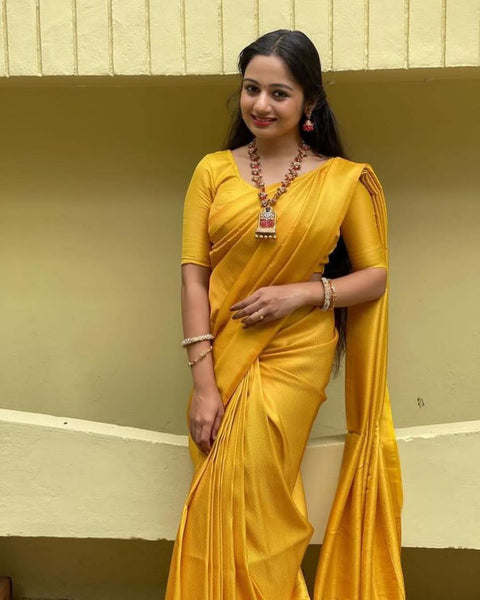 VastraLakshmi Exceptional Yellow Kanjivaram Silk Saree With Smart Blouse Piece