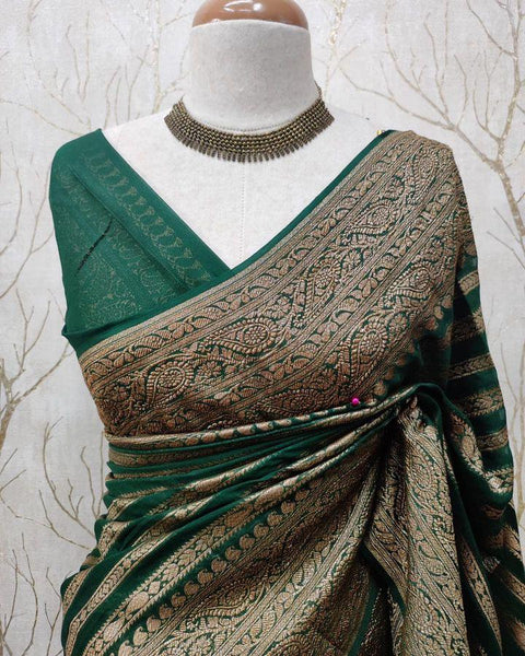 VastraLakshmi Stylish Dark Green Soft Banarasi Silk Saree With Staring Blouse Piece