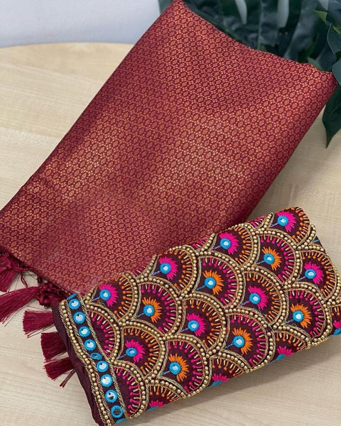 VastraLakshmi Tempting Maroon Kanjivaram Silk Saree With Two Charismatic Blouse Piece