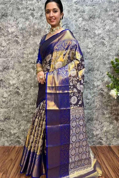 VastraLakshmi Imbrication Royal Blue Kanjivaram Silk Saree With Glamorous Blouse Piece