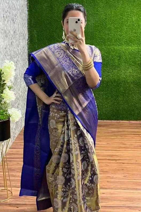 VastraLakshmi Imbrication Royal Blue Kanjivaram Silk Saree With Glamorous Blouse Piece