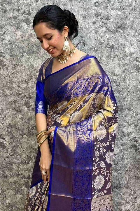 VastraLakshmi Imbrication Royal Blue Kanjivaram Silk Saree With Glamorous Blouse Piece