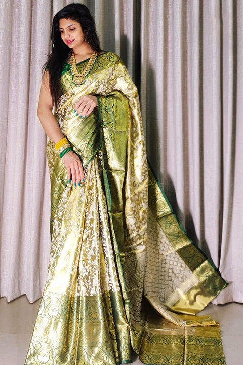 VastraLakshmi Blooming Green Kanjivaram Silk Saree With Beautiful Blouse Piece