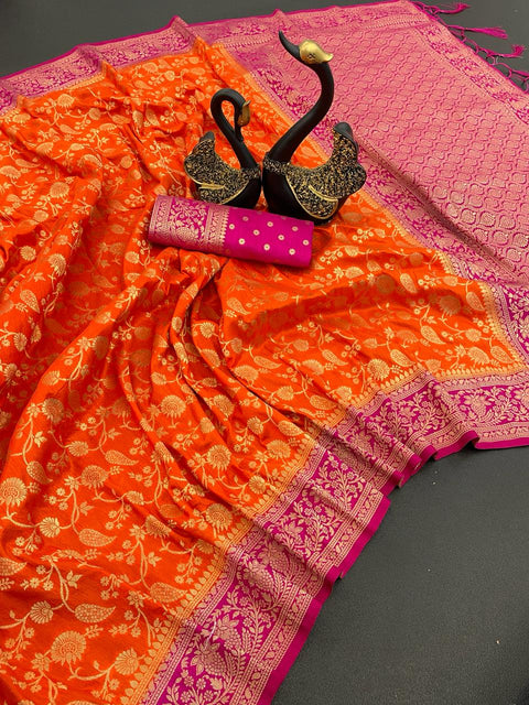 VastraLakshmi Delightful Orange Soft Banarasi Silk Saree With Engrossing Blouse Piece