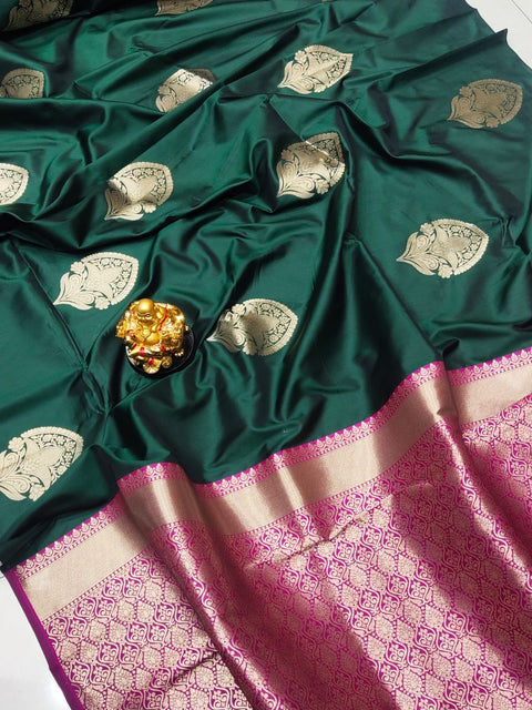 VastraLakshmi Elegant Dark Green Soft Banarasi Silk Saree With Fancifull Blouse Piece