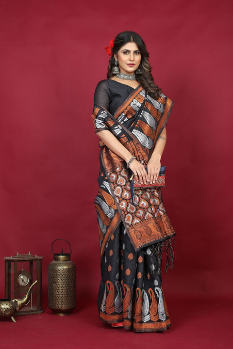 VastraLakshmi Beautiful Black Linen Silk Saree With Supernal Blouse Piece