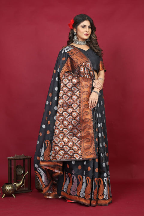 VastraLakshmi Beautiful Black Linen Silk Saree With Supernal Blouse Piece