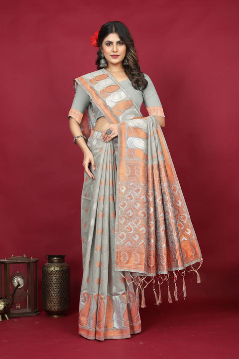 VastraLakshmi Traditional Grey Linen Silk Saree With Admirable Blouse Piece