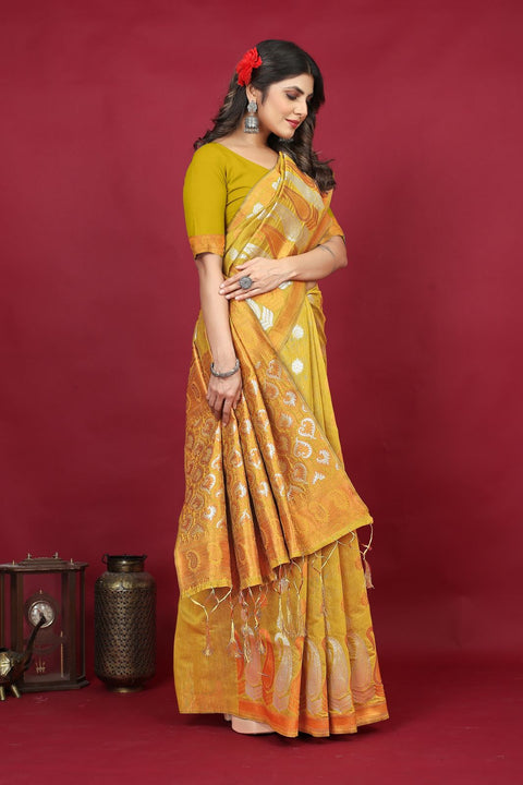 VastraLakshmi Dalliance Yellow Linen Silk Saree With Beleaguer Blouse Piece