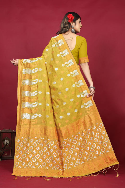 VastraLakshmi Dalliance Yellow Linen Silk Saree With Beleaguer Blouse Piece