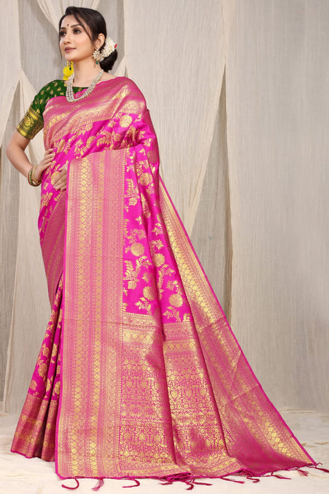 VastraLakshmi Flattering Dark Pink Banarasi Silk Saree With Adorable Blouse Piece