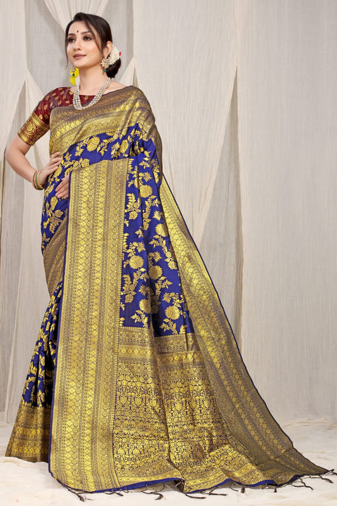 VastraLakshmi Sophisticated Navy Blue Banarasi Silk Saree With Adorable Blouse Piece