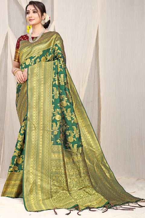 VastraLakshmi Capricious Rama Banarasi Silk Saree With Adorable Blouse Piece