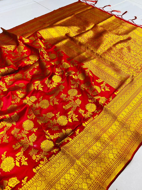 VastraLakshmi Charming Red Banarasi Silk Saree With Adorable Blouse Piece