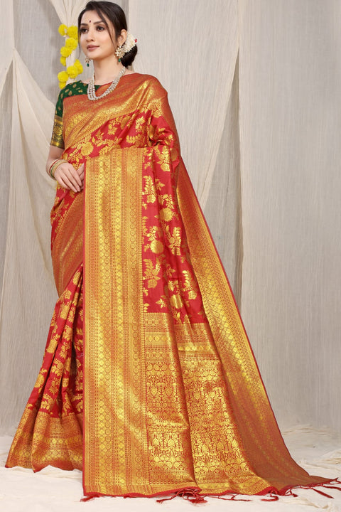 VastraLakshmi Charming Red Banarasi Silk Saree With Adorable Blouse Piece