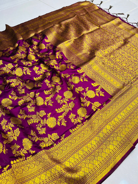 VastraLakshmi Charming Wine Banarasi Silk Saree With Adorable Blouse Piece