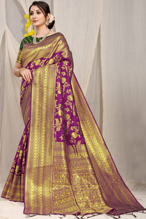 VastraLakshmi Charming Wine Banarasi Silk Saree With Adorable Blouse Piece