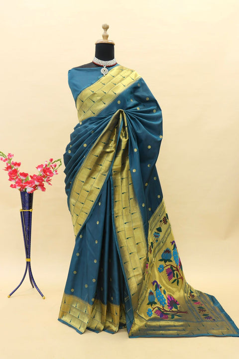 VastraLakshmi Beauteous Navy Blue Paithani Silk Saree With Palimpsest Blouse Piece