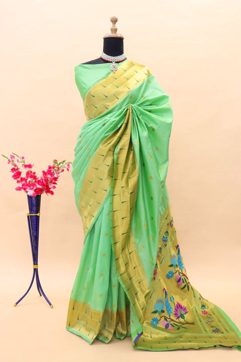 VastraLakshmi Brood Pista Paithani Silk Saree With Woebegone Blouse Piece