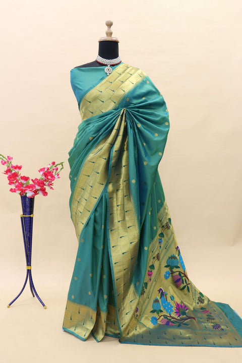 VastraLakshmi Demure Rama Paithani Silk Saree With Pleasurable Blouse Piece