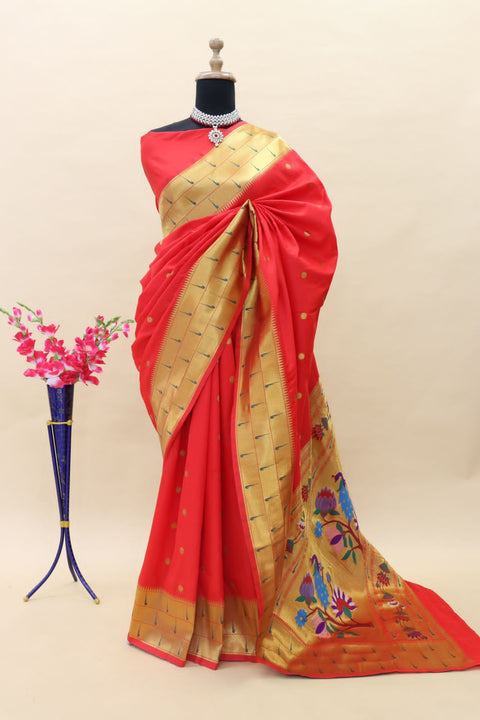 VastraLakshmi Desultory Red Paithani Silk Saree With Smashing Blouse Piece