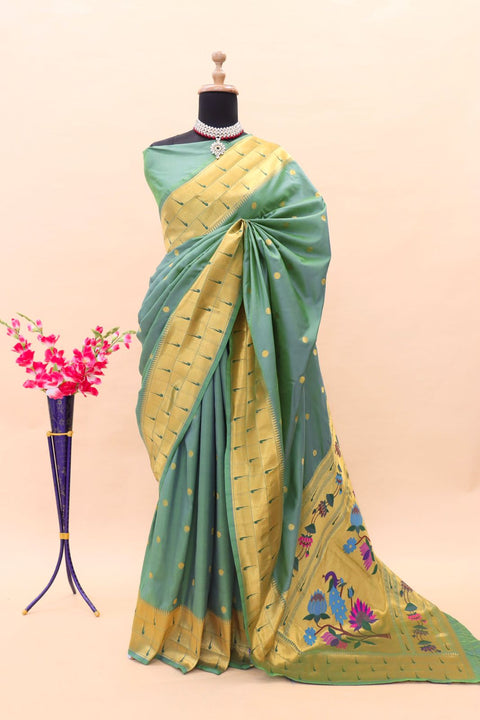 VastraLakshmi Ephemeral Teal Green Paithani Silk Saree With Fragrant Blouse Piece