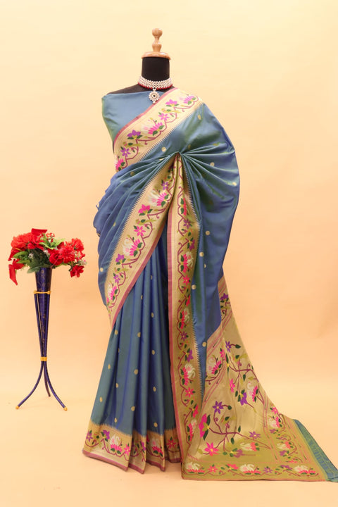 VastraLakshmi Trendy Dark Grey Paithani Silk Saree With Stunning Blouse Piece