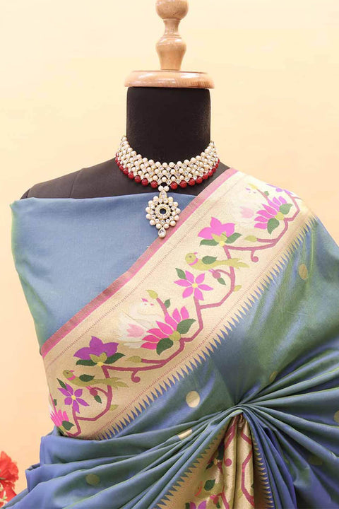 VastraLakshmi Trendy Dark Grey Paithani Silk Saree With Stunning Blouse Piece