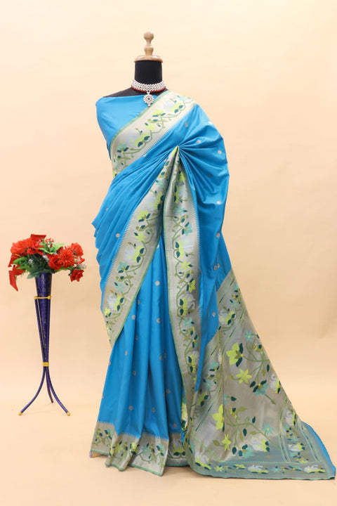 VastraLakshmi Marvellous Firozi Paithani Silk Saree With Innovative Blouse Piece