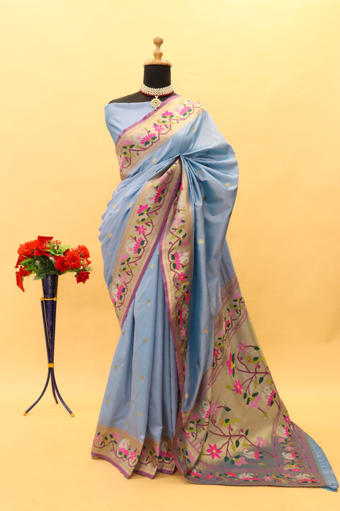 VastraLakshmi Elegant Grey Paithani Silk Saree With Flattering Blouse Piece