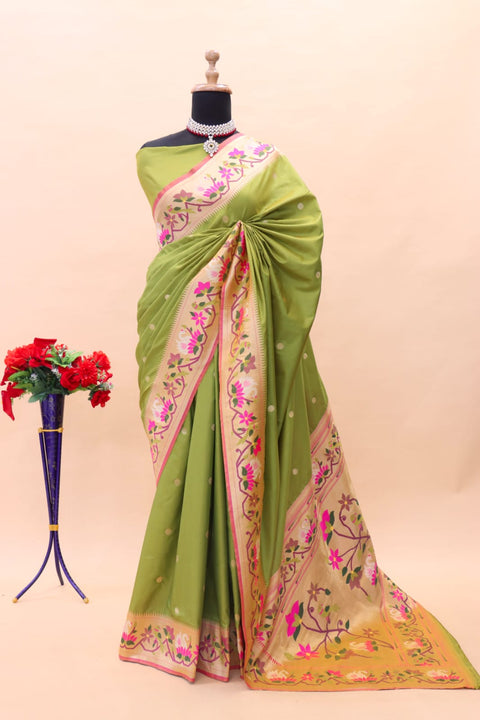 VastraLakshmi Amazing Mehndi Paithani Silk Saree With Pretty Blouse Piece