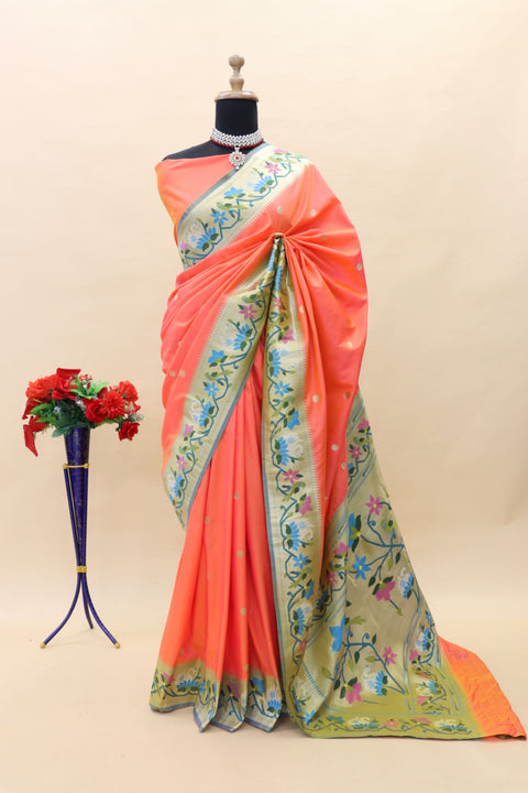 VastraLakshmi Classy Orange Paithani Silk Saree With Precious Blouse Piece