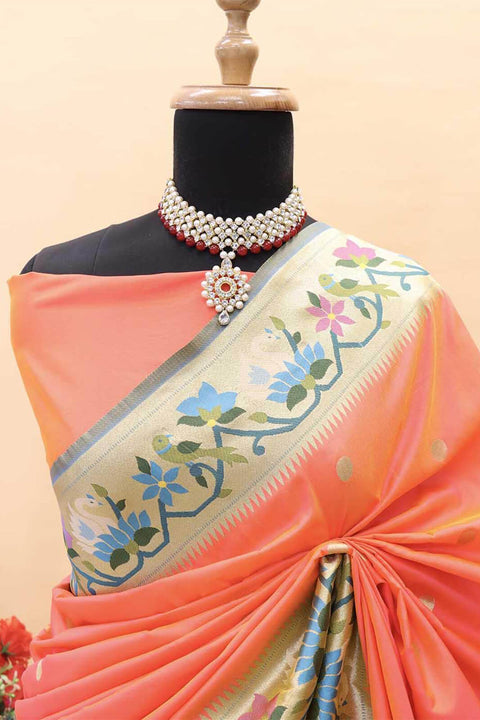 VastraLakshmi Classy Orange Paithani Silk Saree With Precious Blouse Piece