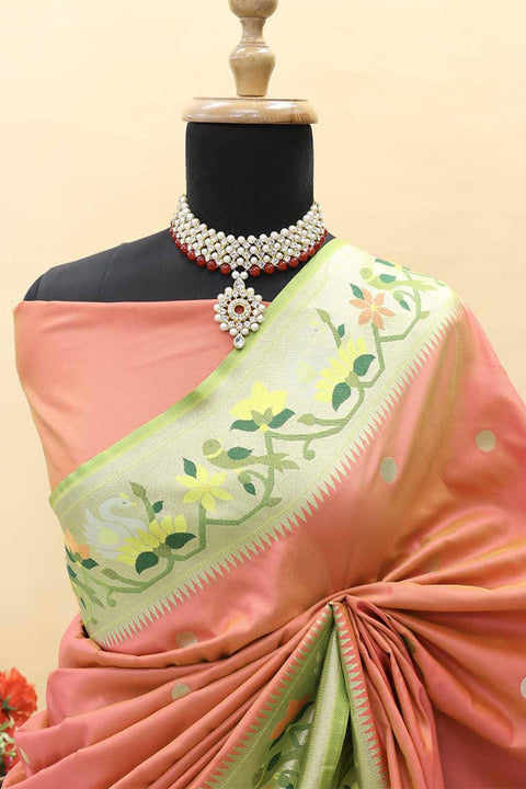 VastraLakshmi Blooming Peach Paithani Silk Saree With Gleaming Blouse Piece