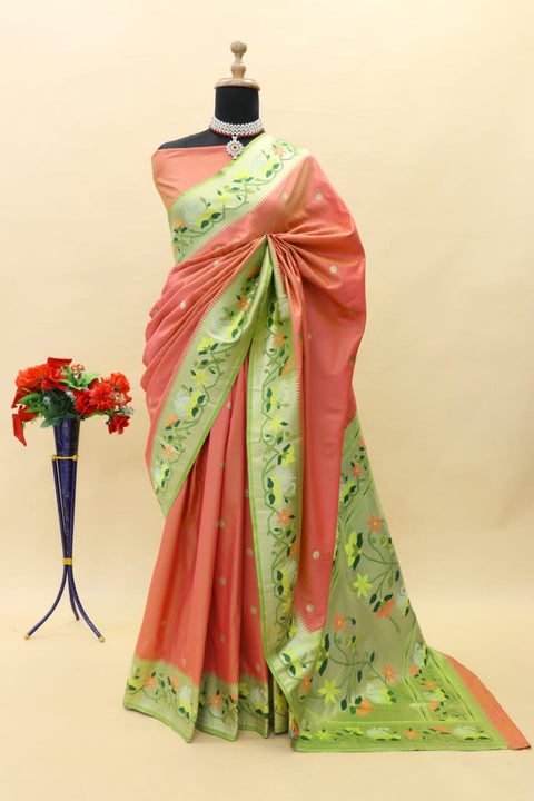 VastraLakshmi Blooming Peach Paithani Silk Saree With Gleaming Blouse Piece