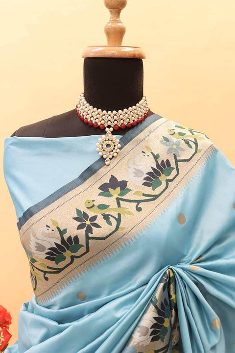 VastraLakshmi Adorable Sky Paithani Silk Saree With Groovy Blouse Piece