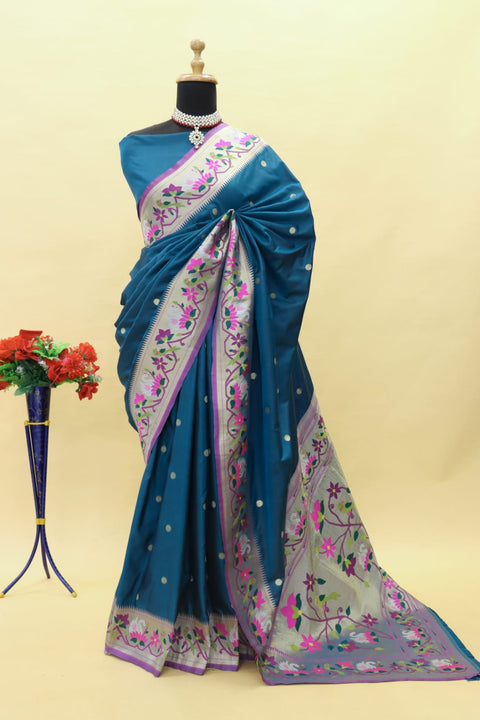 VastraLakshmi Desirable Teal Blue Paithani Silk Saree With Mesmeric Blouse Piece