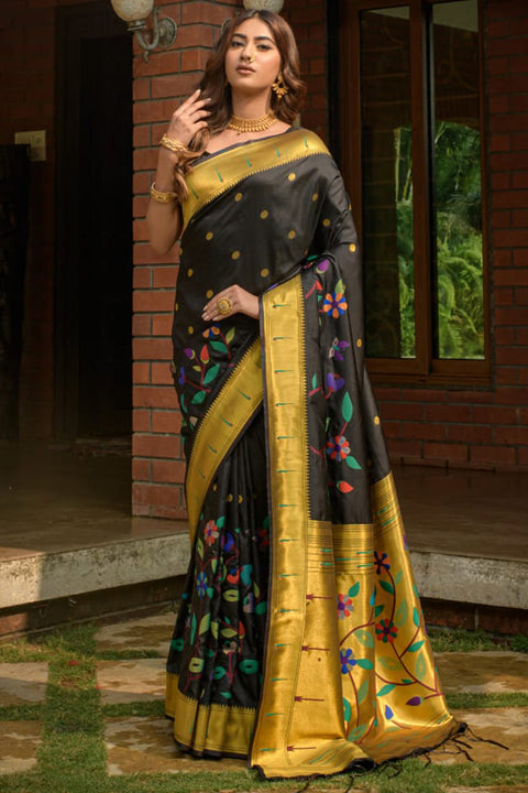 VastraLakshmi Amazing Black Paithani Silk Saree With Sophisticated Blouse Piece