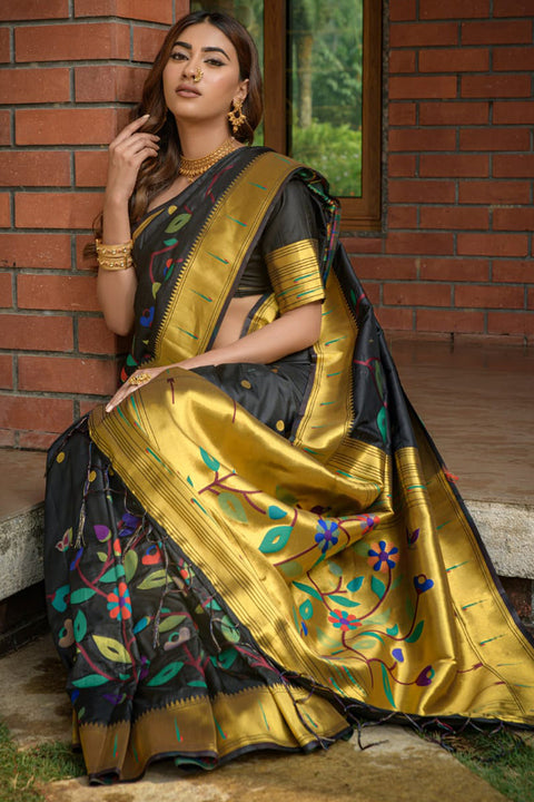 VastraLakshmi Amazing Black Paithani Silk Saree With Sophisticated Blouse Piece