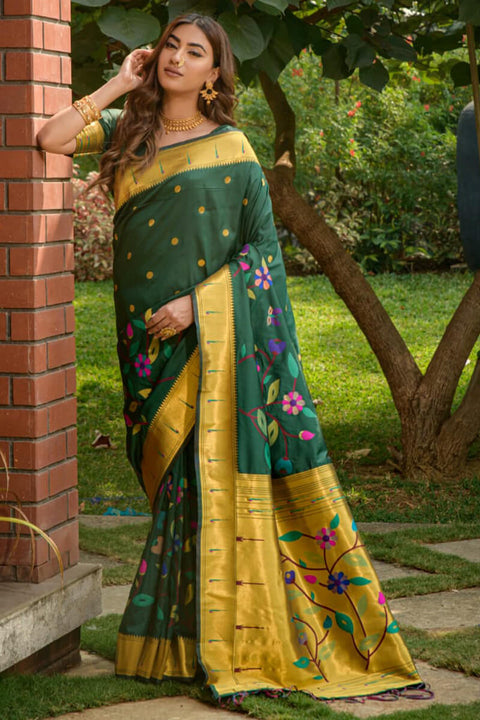 VastraLakshmi Attractive Dark Green Paithani Silk Saree With Sizzling Blouse Piece