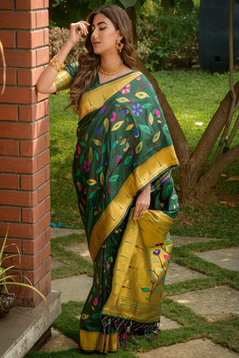 VastraLakshmi Attractive Dark Green Paithani Silk Saree With Sizzling Blouse Piece