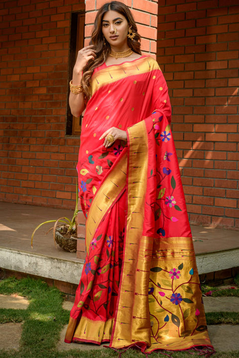 VastraLakshmi Precious Dark Pink Paithani Silk Saree With Stylish Blouse Piece