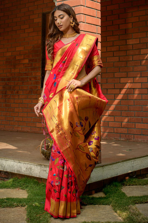 VastraLakshmi Precious Dark Pink Paithani Silk Saree With Stylish Blouse Piece